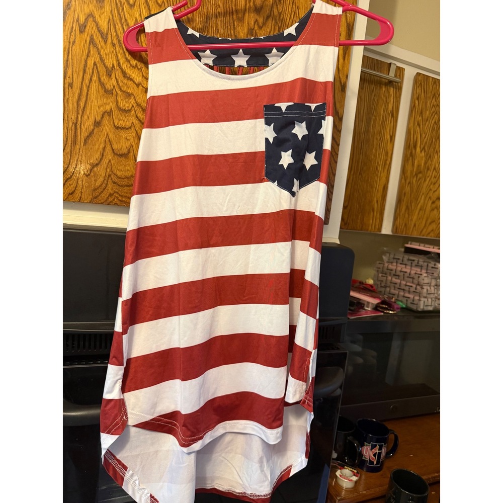 American Flag Patriotic Tank Top Red White Blue Stars Stripes StrappyBack Pocket